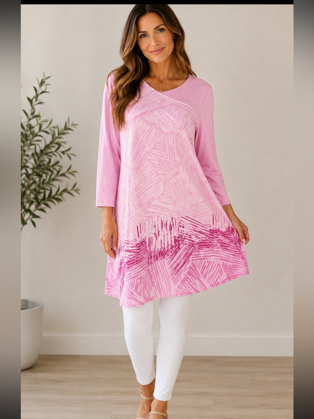 H by Halston Pink Abstract Border Print Tunic